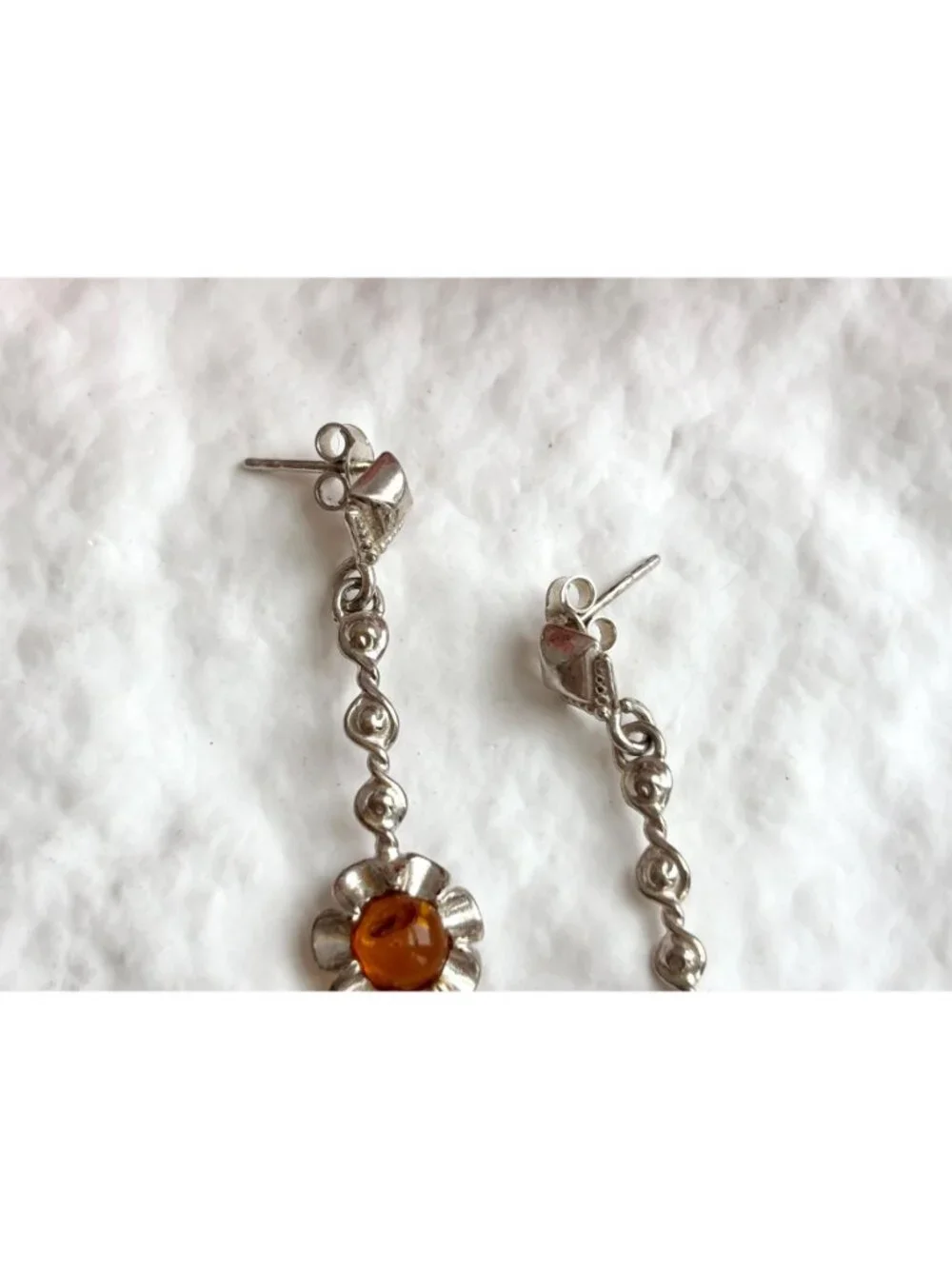 Baltic Amber Sunflower Shaped Spiral Vintage Sterling Silver 925 Dangle Earrings